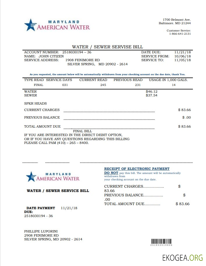 USA Maryland American water utility bill template in Word and PDF format